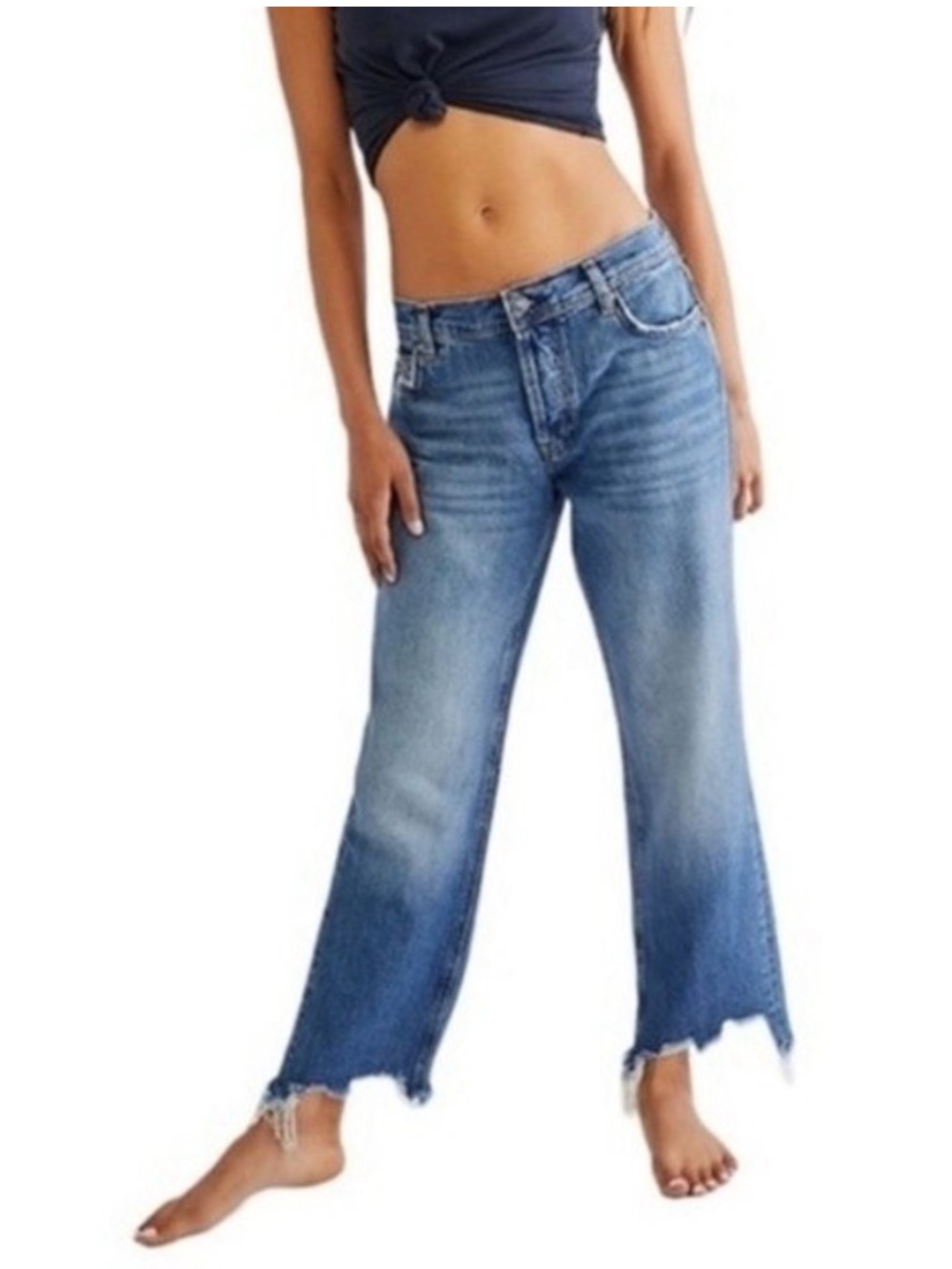 Free People Maggie Mid-Rise Distressed Straight Blue Jeans Chewed Hem Sz. 29